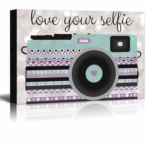 wall26 Love Your Selfie minty green zentangle camera on a silver colored bokeh background - Canvas Art Home Decor - 12x18 inches