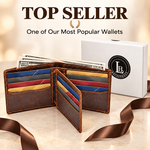 RFID Bifold Leather Wallet For Men with Flip Up ID in Vintage Buffalo Brown