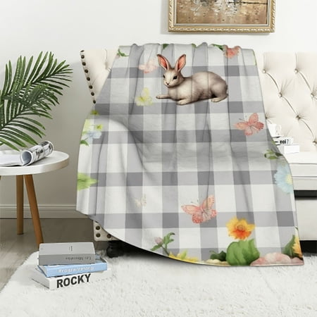 Pratyus Rabbit Flower Checkered Background Throw Blankets for Sofa Couch Cottagecore Room Decor All Seasons Soft Plush Long-Lasting Blanket 40x50in