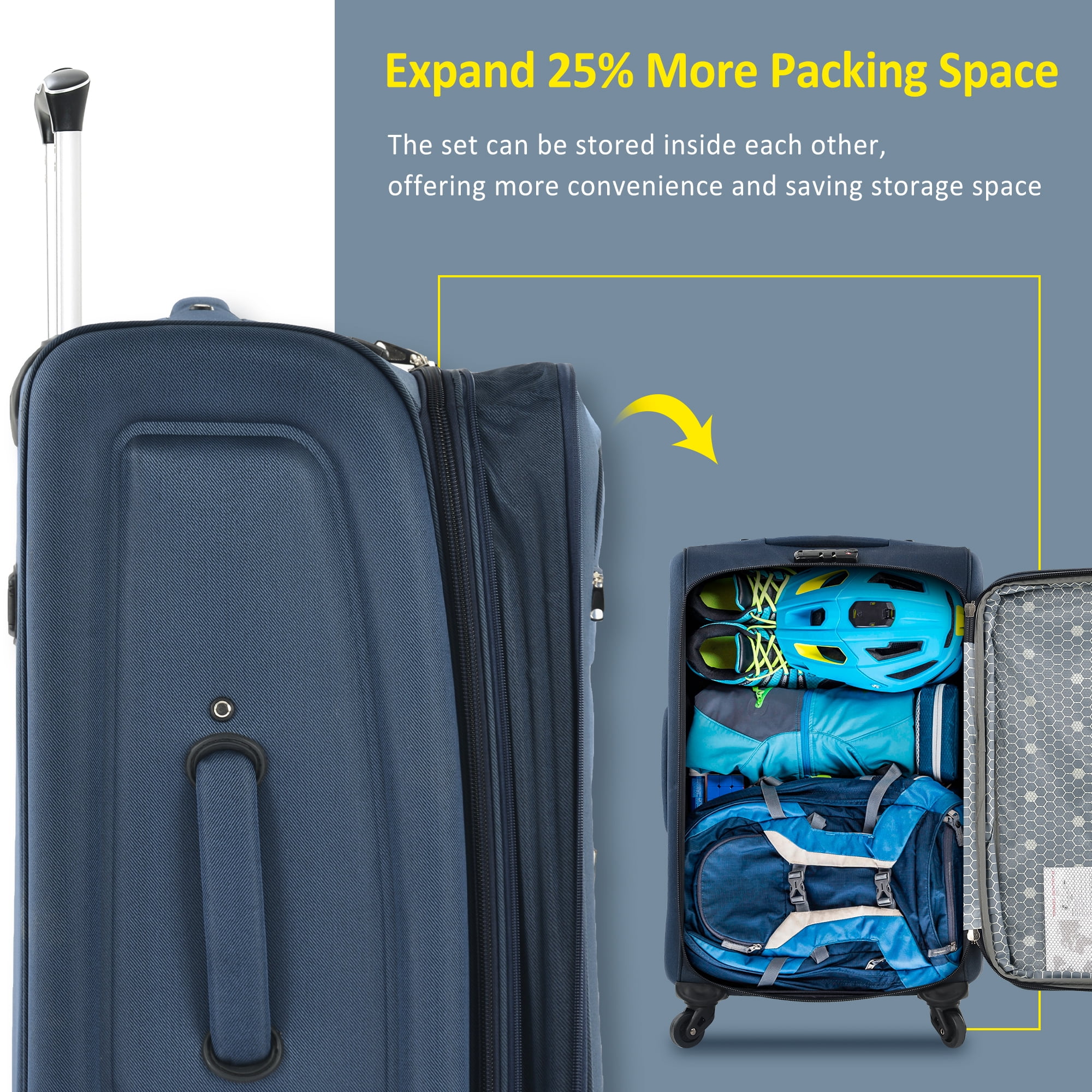 EUROCO 3 Piece Softside Luggage Set,Expandable Suitcase Set with TSA Lock and Spinner Wheels,Lightweight Suitcase for Men Women(20",24",28"),Dark Blue