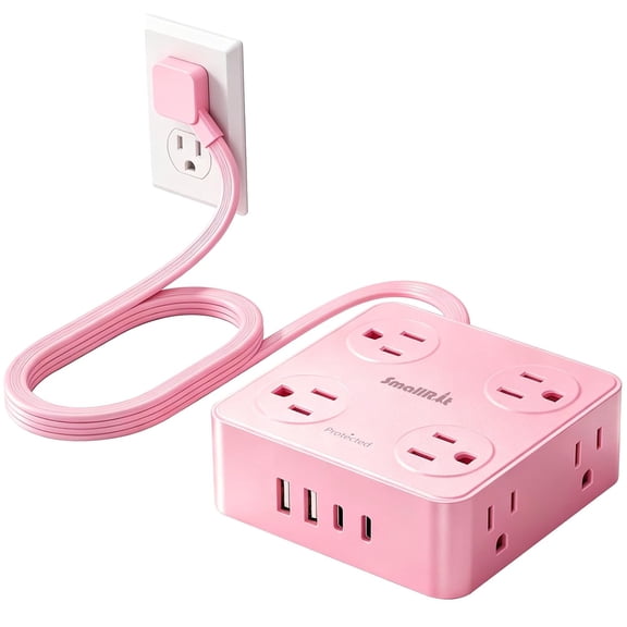 Extension Cord with Multiple Outlets, Power Strips, 6.5FT Flat Plug Strip USB Ports, 8 Outlet Extender for Home Office, Pink