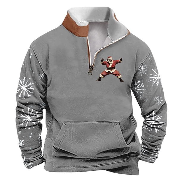 Sudadera sin capucha para hombre, de invierno, con cuello alto, cremallera, estampado navideño, jersey de manga larga, sudadera con capucha, blusa de poliéster para hombre