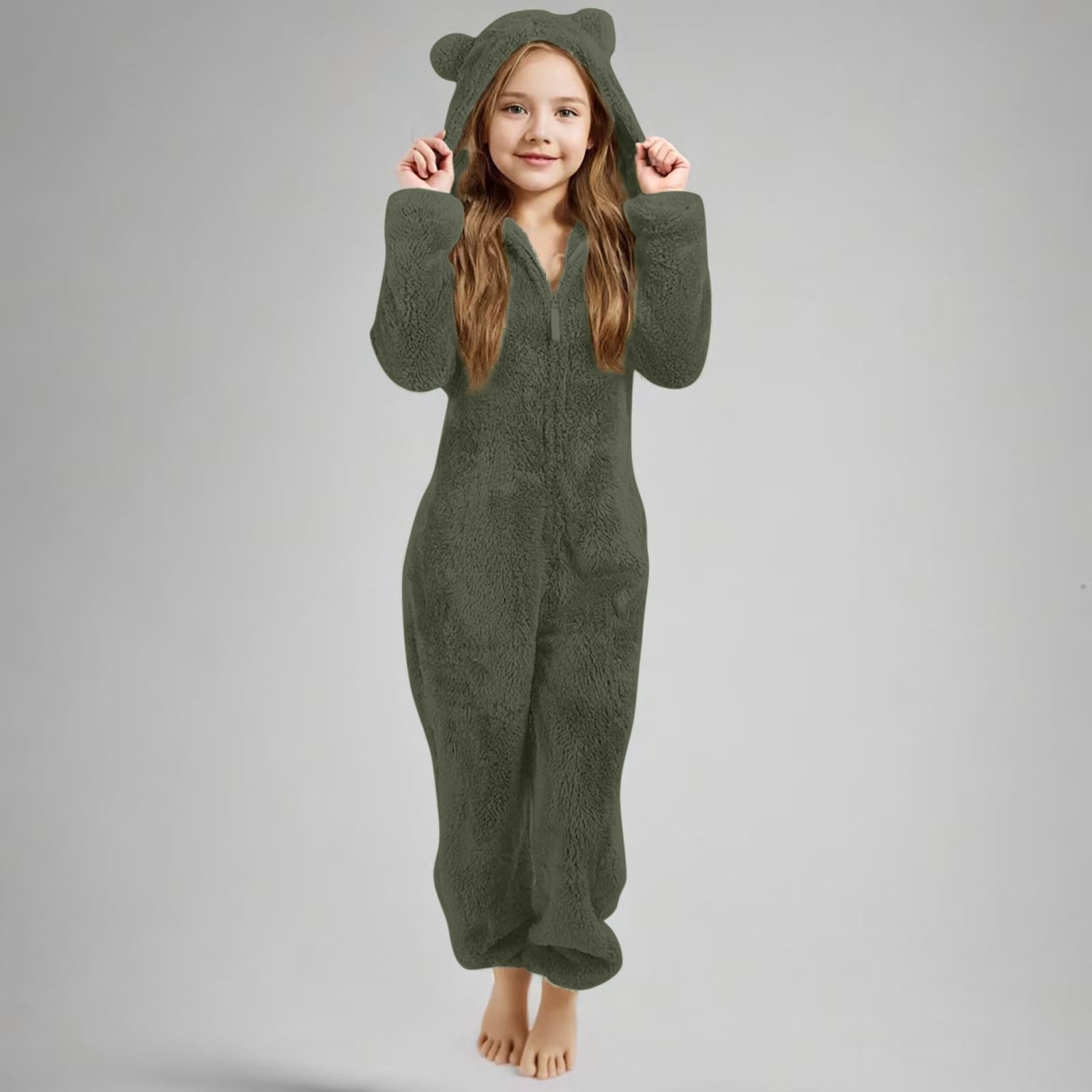 Otqutp Girls Fleece Onesie Fleece Warm Sherpa Bed Jumpsuit Kids Cute Plain Zip up Long Sleeve Soft Hooded Romper for Winter
