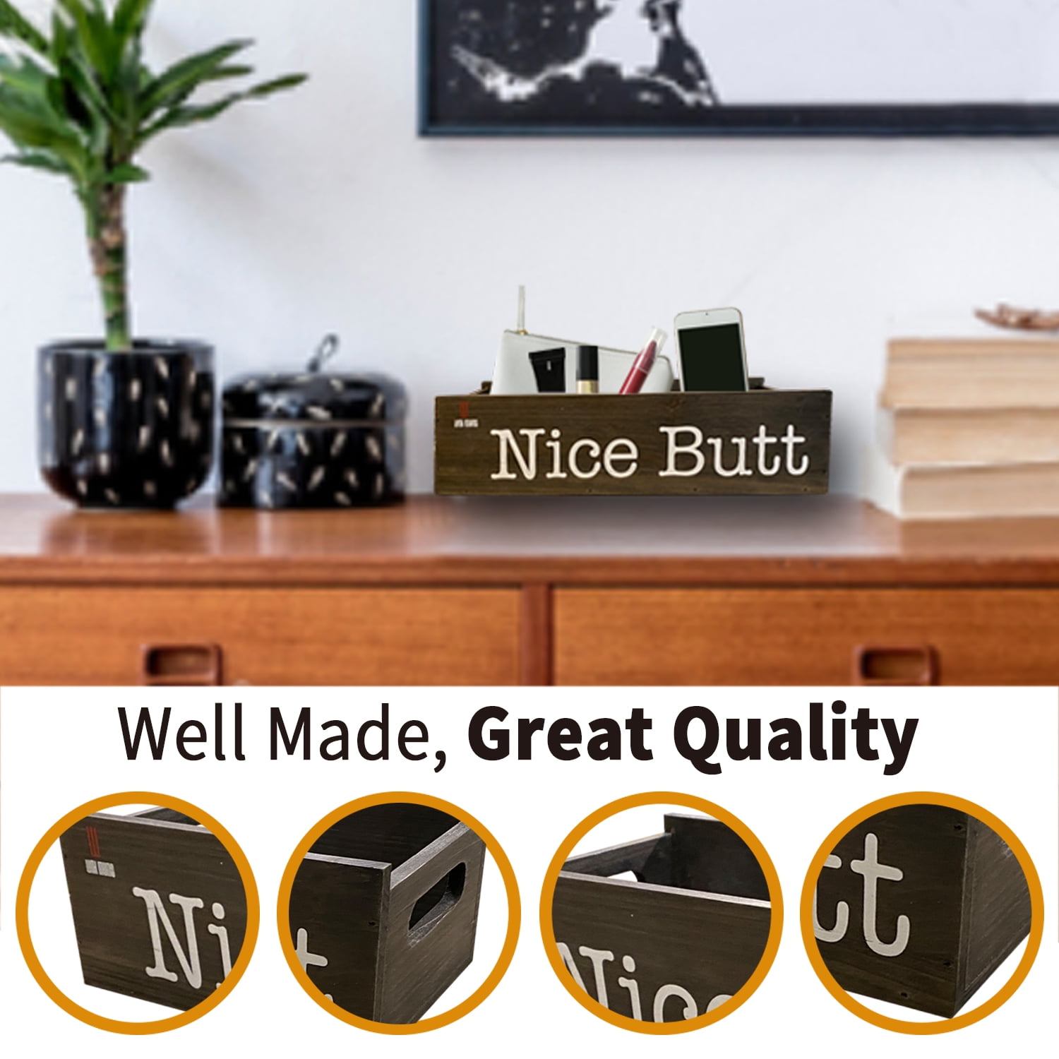 With Mums Rustic Bathroom Toilet Paper Holder – Solid Pine Wood Storage Box with “Hello Sweet Cheeks” Design – Fits Most Toilet Tank Tops – Brown