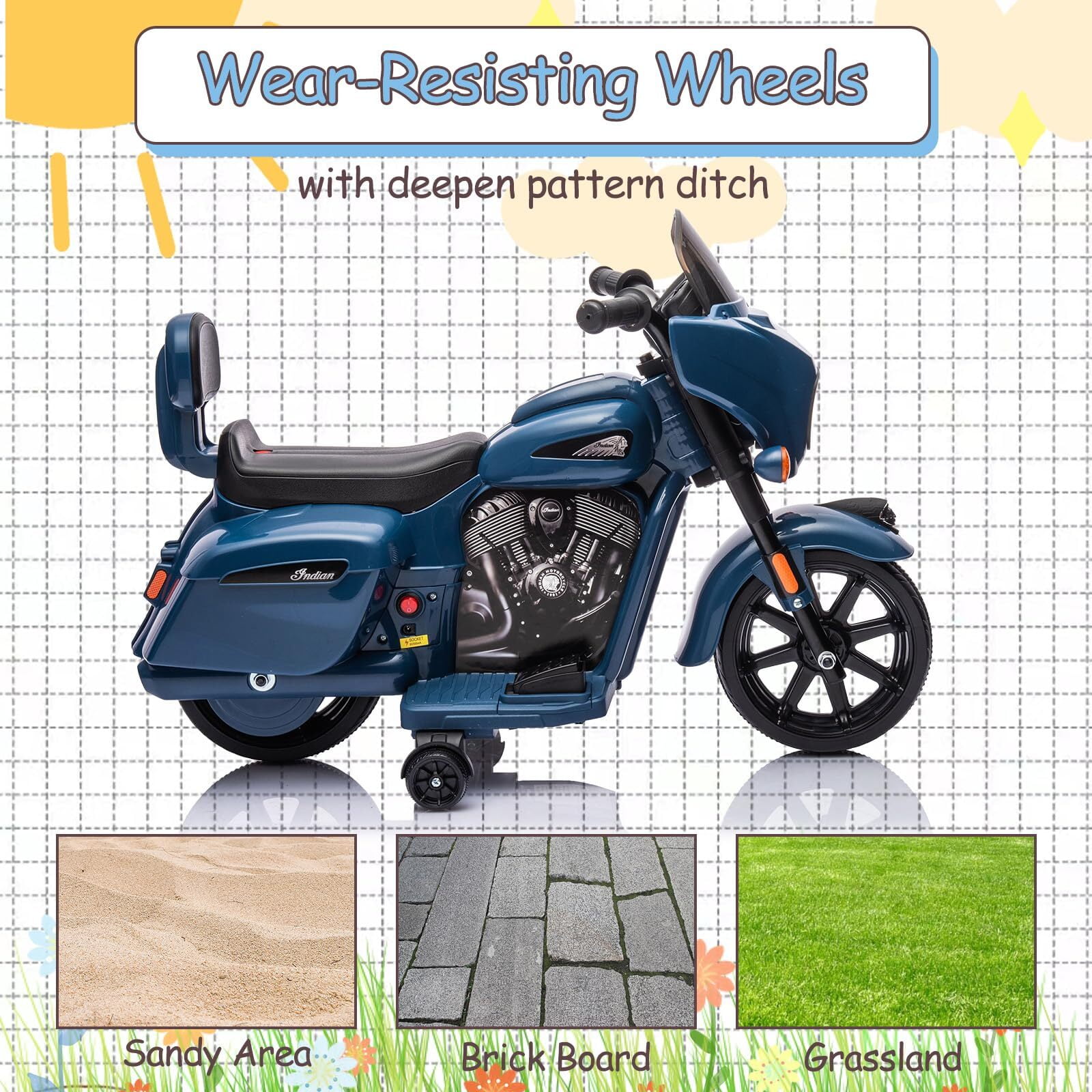 Kids Ride On Motorcycle, Licensed Indian 6V Ride on Toy Electric Motorcycle with USB, AUX，Music and Headlight for Toddler Boys and Girls