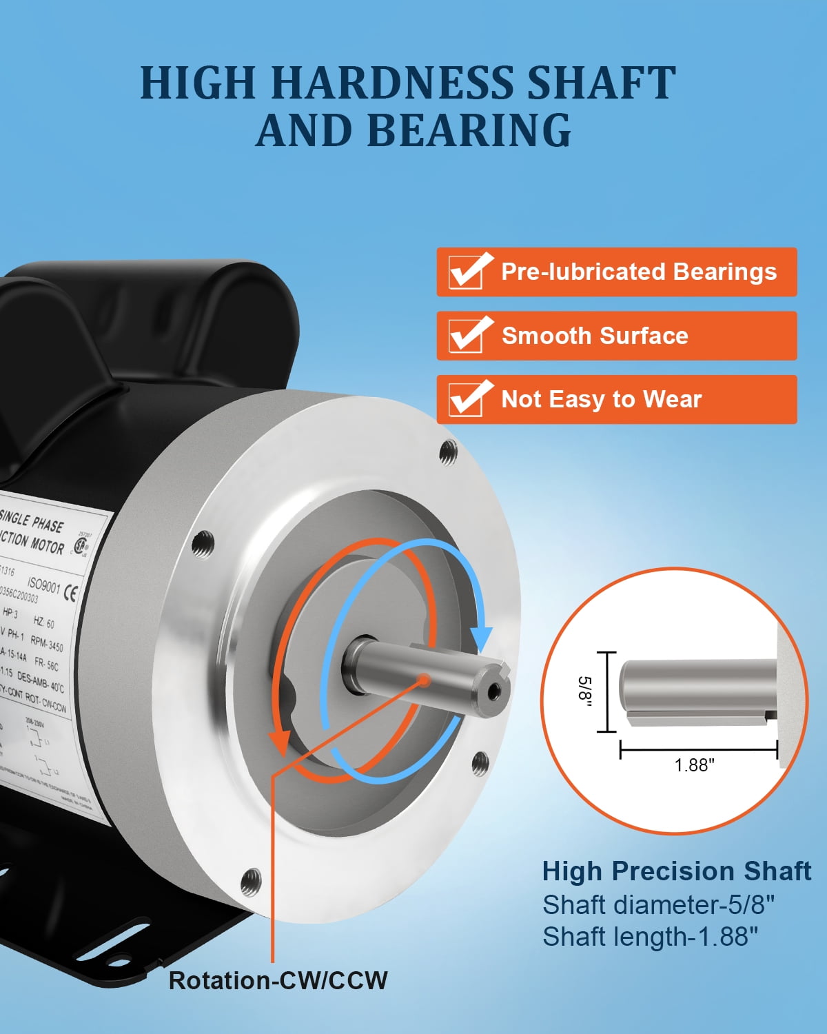 5HP Electric Motor 3450RPM General Purpose Single Phase Motor 208-230V 56C Frame 5/8" Shaft Diameter 60HZ TEFC