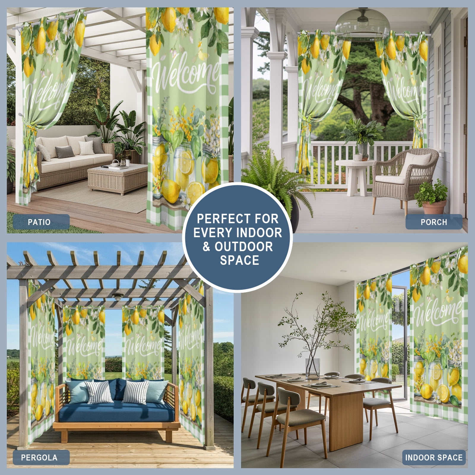 Green Lemons Outdoor Curtains for Patio, Welcome Summer Fruit Flower Botanical Plaid Sunshade Privacy Drapes Grommet Waterproof Outside Curtains for Porch/Cabana/Balcony 54"x 84", 2 Panel