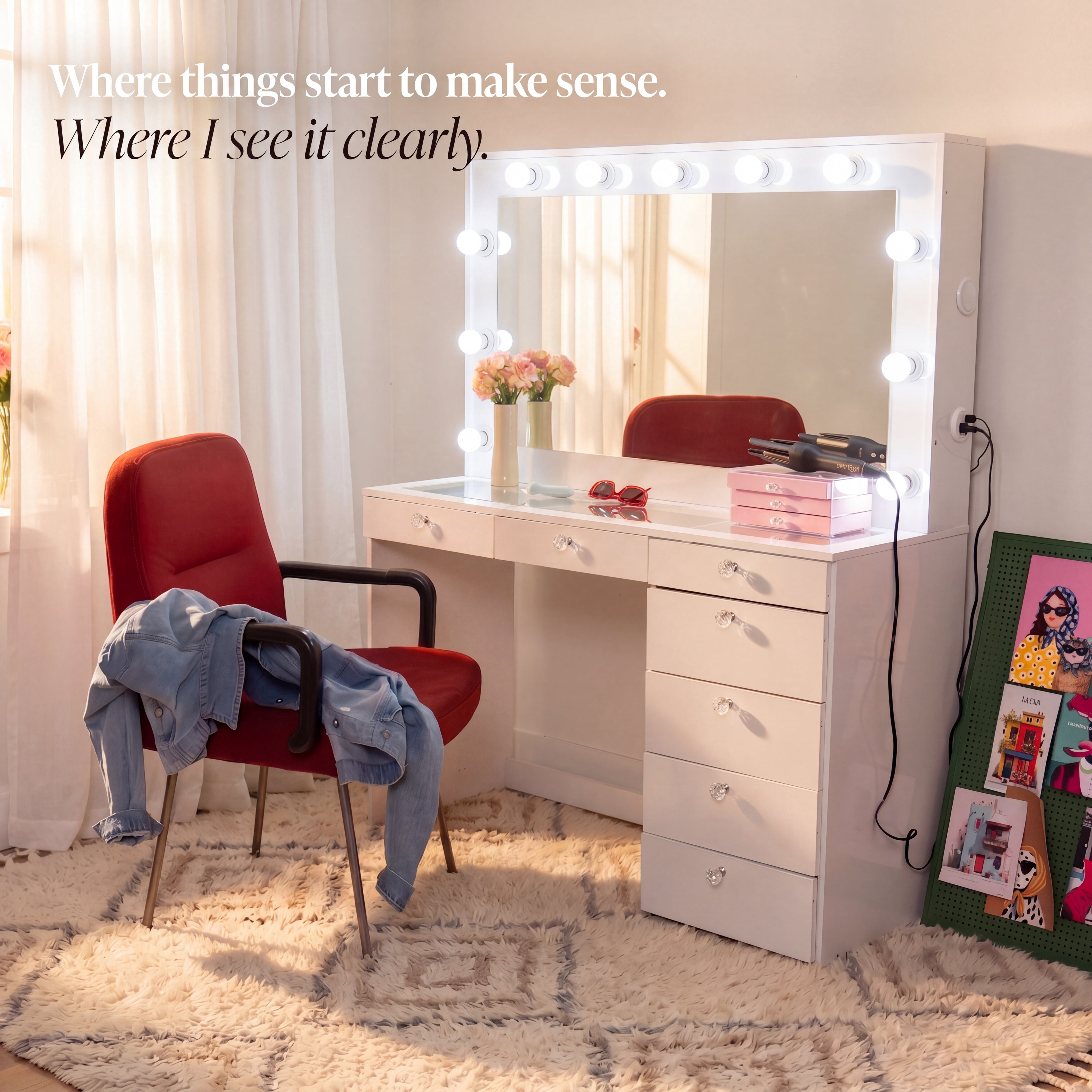 Ember Interiors Ghada White Lighted Makeup Vanity Desk with Charging Station for Bedroom