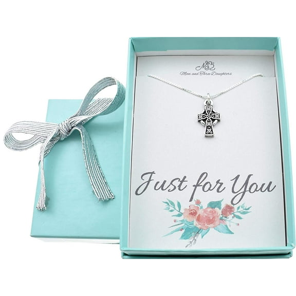 Celtic cross necklace in silver toned pewter on a 14 inch sterling silver box chain. Christian jewelry. Christian necklace.