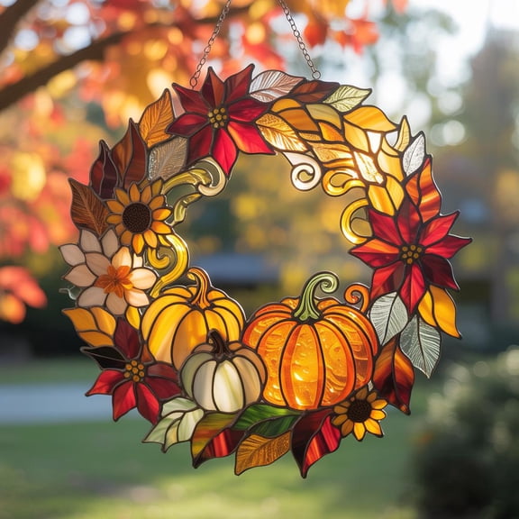 Pumpkin Floral Wreath Acrylic Suncatcher Autumn Sunflower & Poinsettia Window Hanging, Harvest Farmhouse Ornament