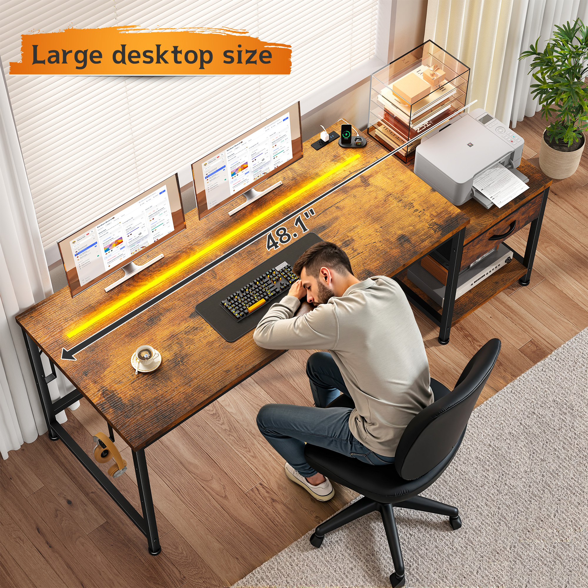 Romorgniz 56"W Gaming Desk with LED Lights & Power Outlets, Computer Desk with Fabric Drawer & Printer Shelf, Small Space Desk for Home Office, Dorm, Bedroom, Rustic Brown