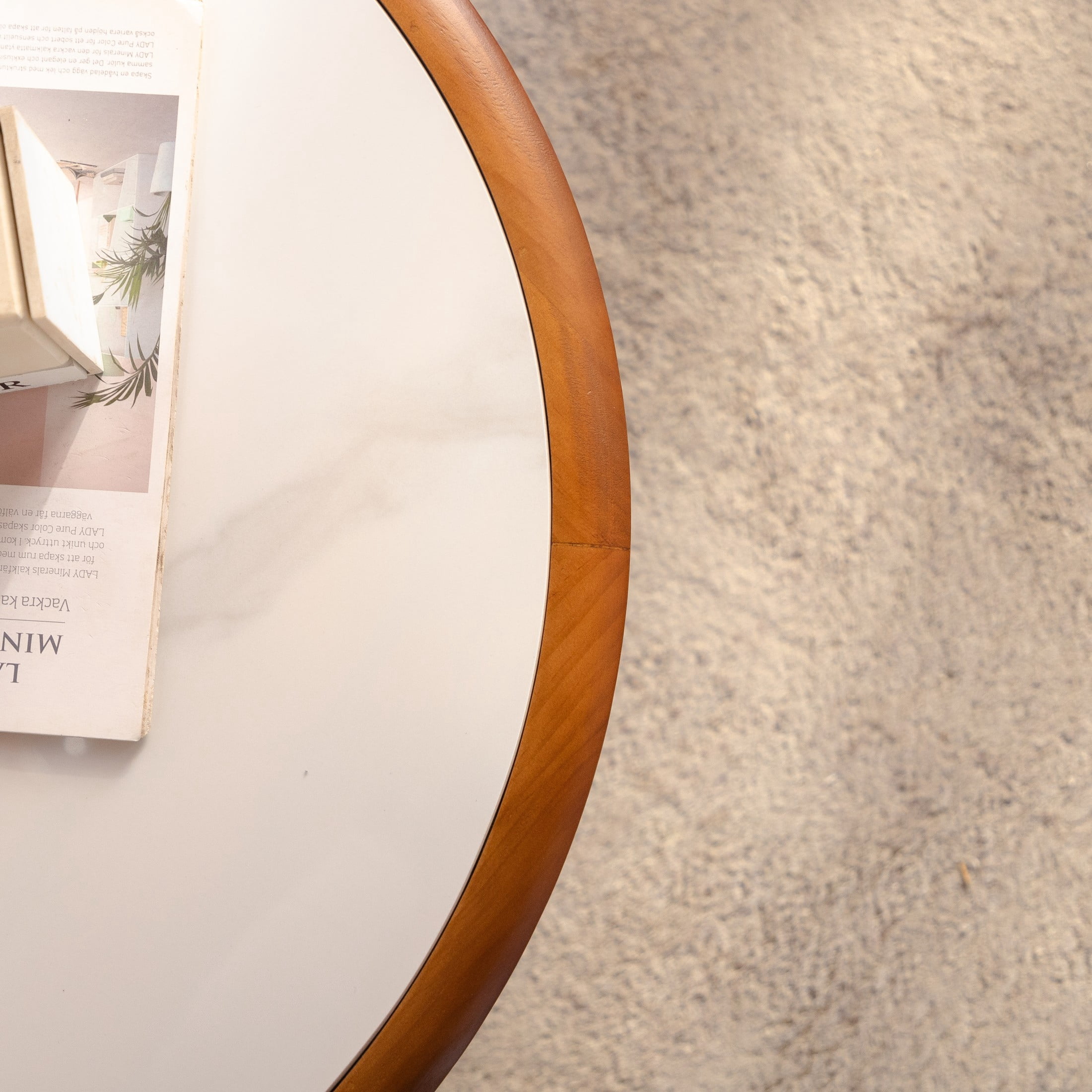 Noble House Ordis 27.76" Round Sintered Stone Coffee Table with Wood Veneer Frame & Cylindrical Legs, White & Walnut