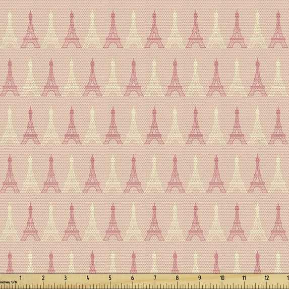 Paris Fabric by the Yard, Soft Colors Eiffel Tower Pattern France Landmark Repetitive Design, Decorative Upholstery Fabric for Sofas and Home Accents, 10 Yards, Pale Yellow Dark Coral by Ambesonne