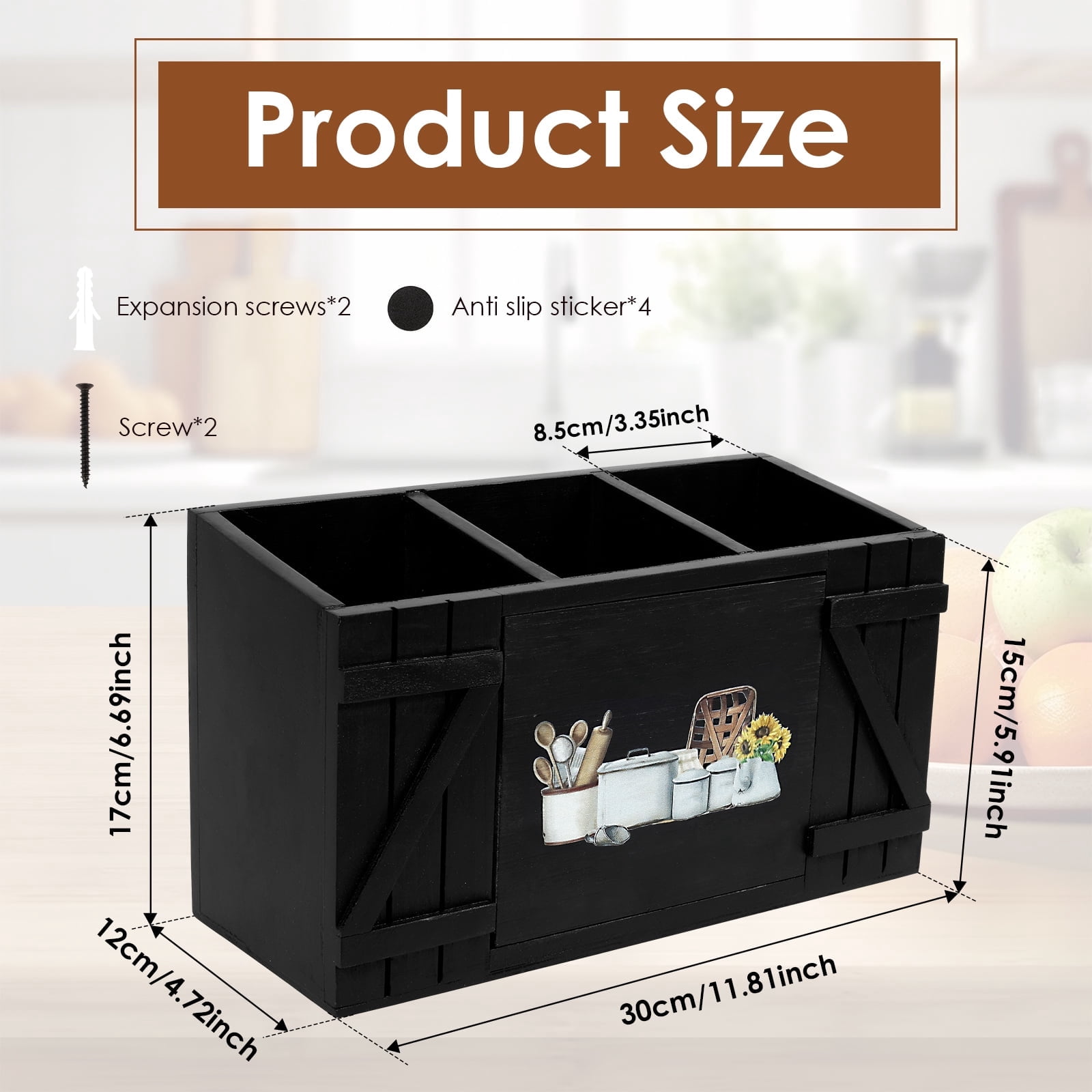 Tzdxfgl Wood Kitchen Utensil Holder for Countertop, Silverware Organizer with 3 Compartments, Large, Black Sunflower