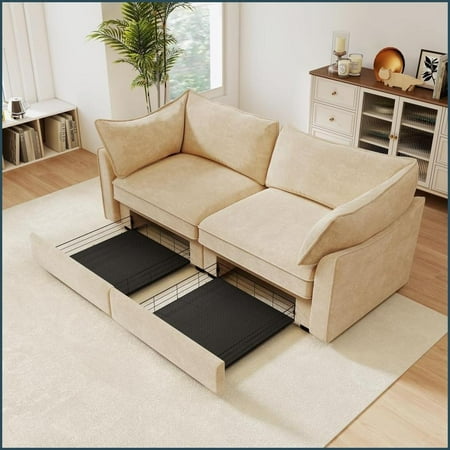 2-Seat Chenille Loveseat with Pull-Out Storage | Cushion Back | Beige | Modern Nordic for Small Living Rooms