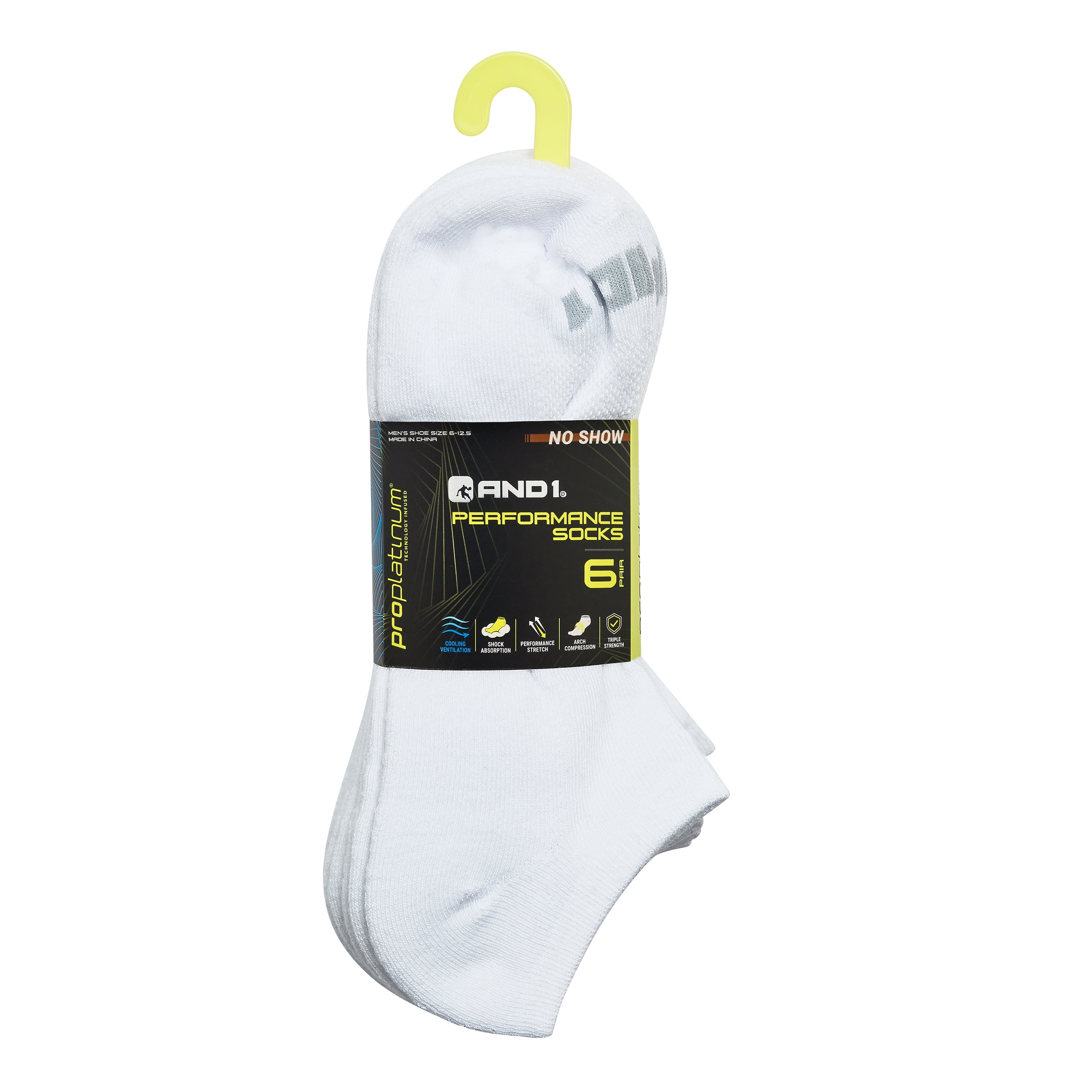 AND1 Men's Socks, Performance Cushion No Show Socks, 6-Pack