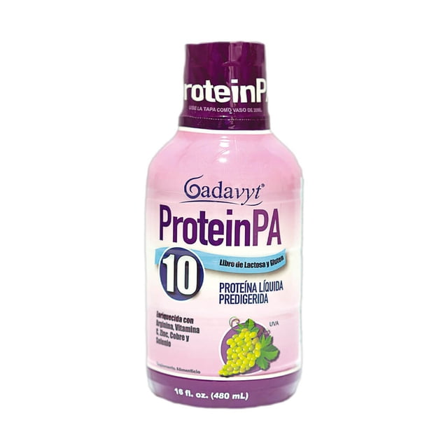 gadavyt protein pa, proteína líquida predigerida con arginina botella de 480 ml con etiqueta rosa y morada; Gadavyt ProteinPA muestra "Proteína líquida predigerida", número 10, ilustración de uvas y tapa morada, apta para uso como suplemento proteico líquido.