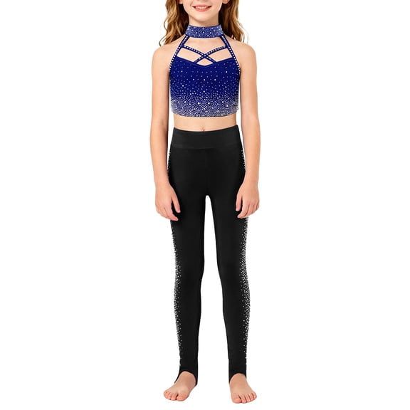 Hansber Kids Girls Figure Skating Rhinestones Outfit Sparkle Gymnastics Dance Crop Tops with Pants Set Navy Blue 8