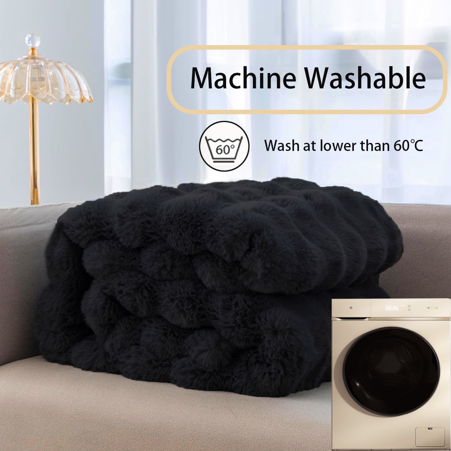 GHOUSE Fuzzy Faux Fur Blanket Fluffy Throw Blanket 50x60 inches Furry Soft Black Blanket for Couch Chair Bed