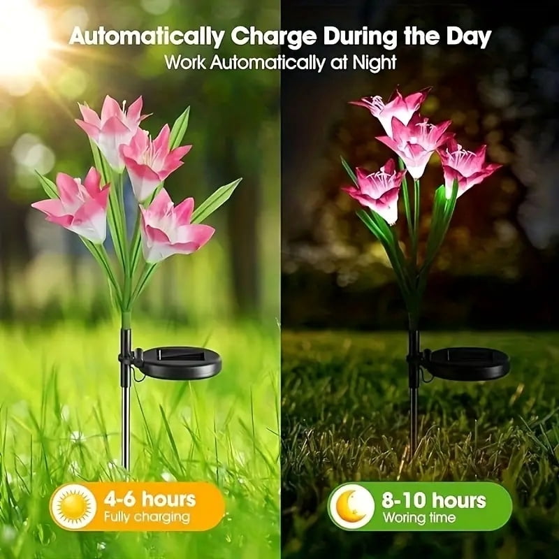 4 Pack Solar Lights With 16 Bigger Artificial Lily Flowers, Multi-Color Changing Lights, Solar Garden Decor Lights For Patio Yard Lawn Pathway