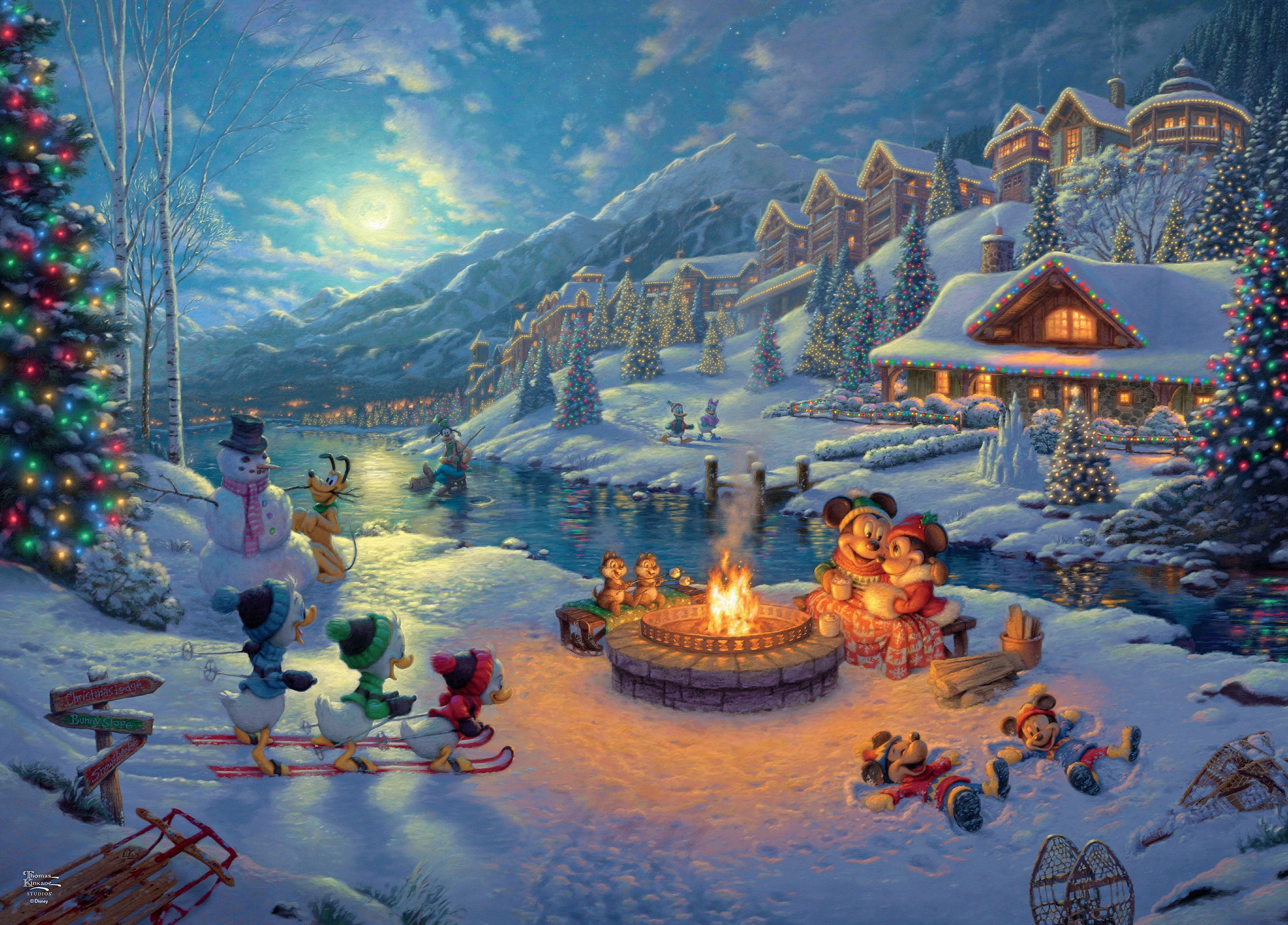 Ceaco Thomas Kinkade Mickey and Minnie Christmas Lodge 1000-Piece Interlocking Jigsaw Puzzle for Adults Ages 14+