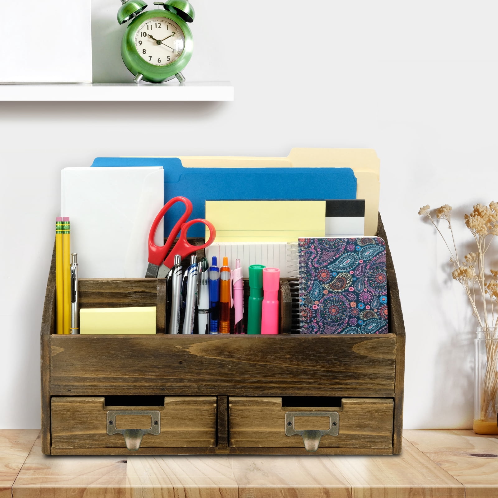 Excello Global Products Rustic Wood Office Desk Organizer - Dark Brown - EGP-HD-0135