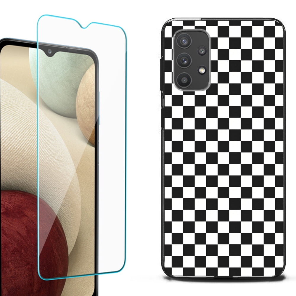 Slim-Fit Flexible TPU Gel Phone Case (black) for Samsung Galaxy A32 5G, with Tempered Glass Screen Protector, by OneToughShield ® - Checker B/W