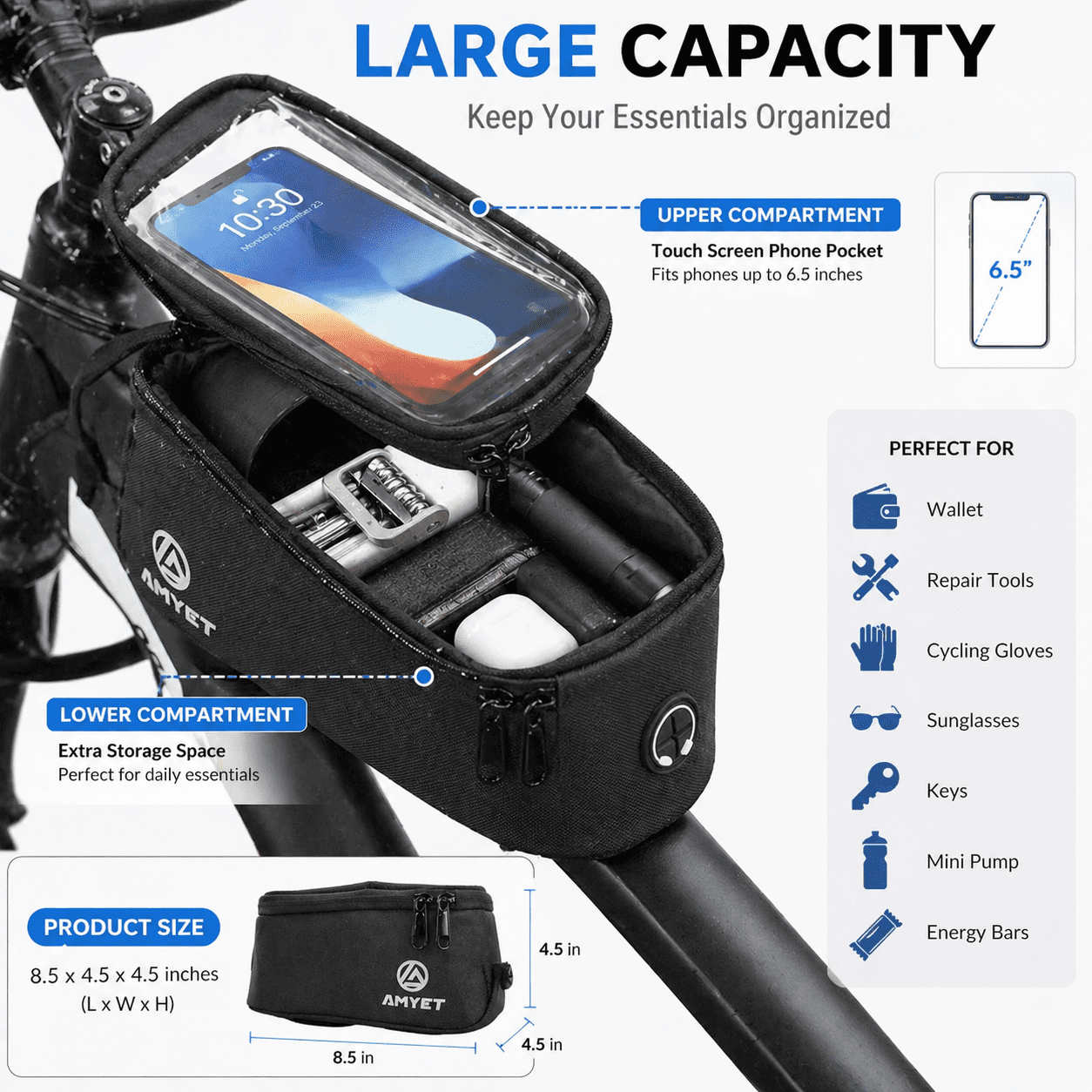 Bike Phone Front Frame Bag Waterproof, 6.5" Touch Screen Bicycle Top Tube Bag with TPU Screen, Dual Storage, Velcro Mount, Bike Phone Holder for Road Mountain Bikes