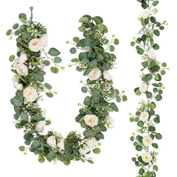 2 Pack Faux Eucalyptus Garland with White Roses - 71 Inch Artificial Greenery Vine for Wedding Arch, Table Runner, Centerpiece Table Decor, Mantel & Wall Decor