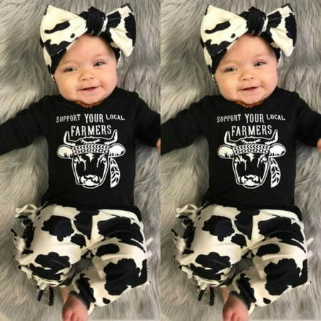 

Newborn Baby Girl Boy Cow Tops T-Shirt Tassels Pants Headband Outfits Clothes