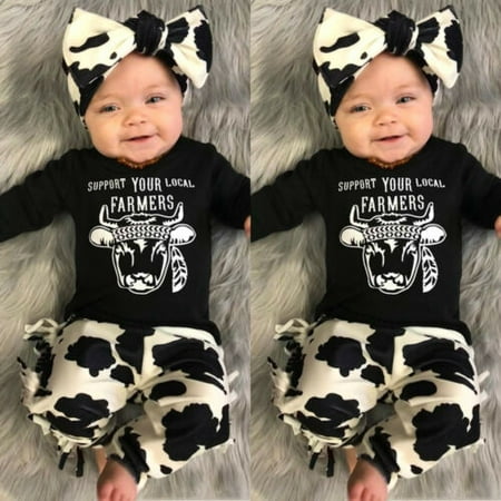 Newborn Baby Girl Boy Cow Tops T-Shirt Tassels Pants Headband Outfits Clothes