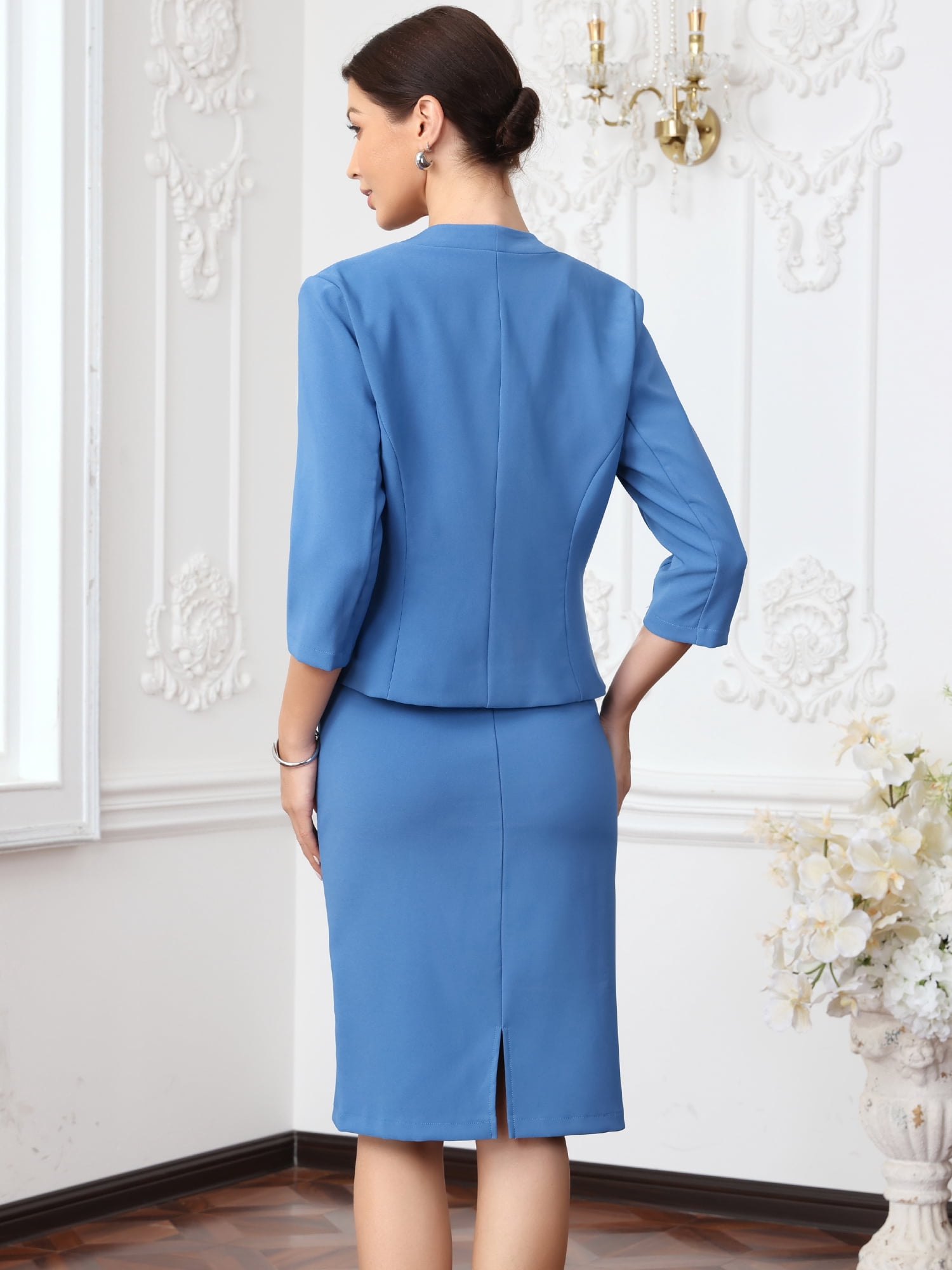 DARING DIVA 2Pcs Women's Spring Skirt Collarless Blazer Set S Blue