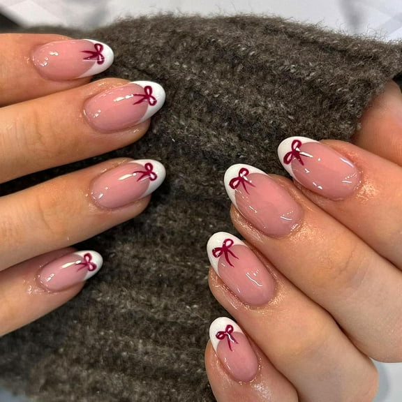 Almond Press on Nails Medium Fake Nails Black French Tip Nails Press ons Glossy Glue on Nails Nude False Nails with Black White Flower Designs Artificial Stick on Nails for Women 24Pcs Nude-5 White