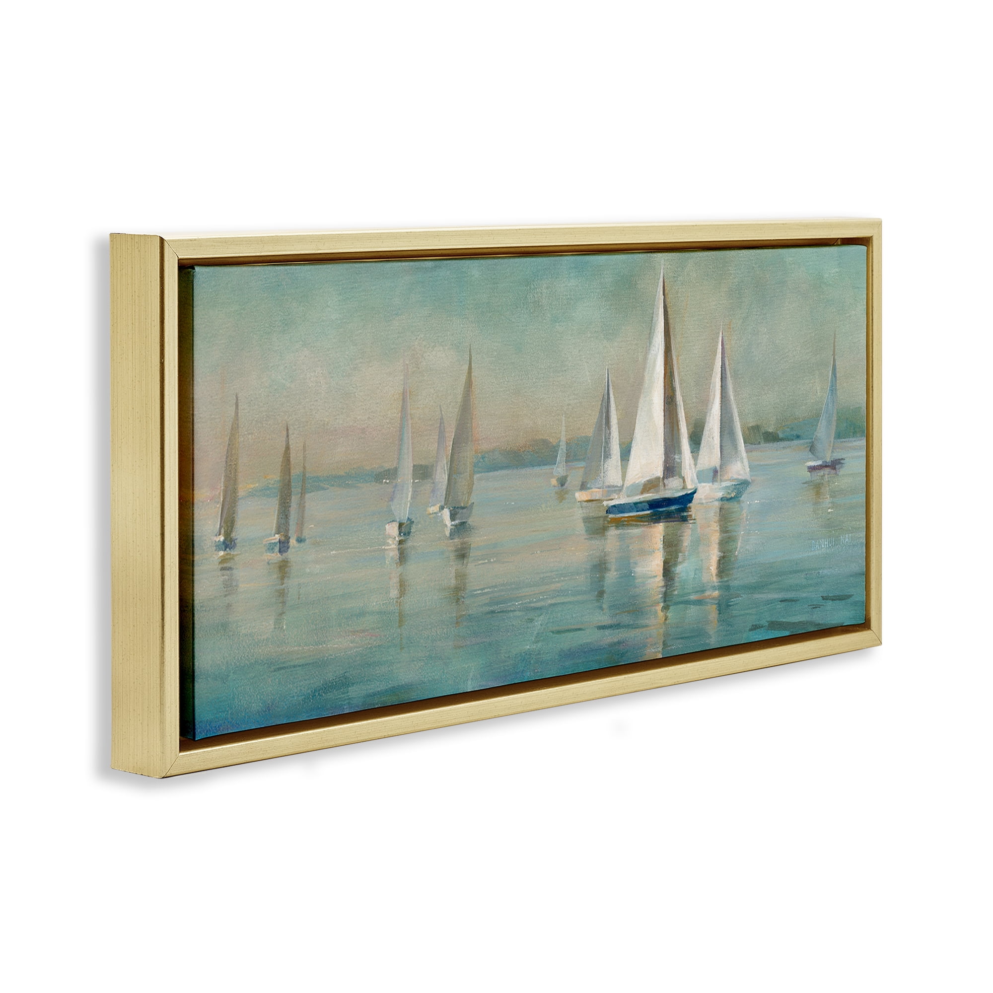 Stupell Industries Panoramic Sailing at Sunrise Nautical & Beach Painting Gold Floater Framed Canvas Art Print Wall Art, 31 x 14