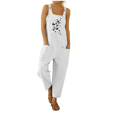 

NECHOLOGY Womens Summer Rompers Women s Casual Sleeveless Solid Jumpsuit Crewneck Drawstring Waist Stretchy Long Pants Romper White Medium