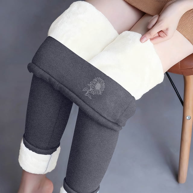 Leggings de lana de cordero gruesa para mujer, pantalones largos con estampado pequeño y forro polar añadido, pantalones de poliéster para mujer