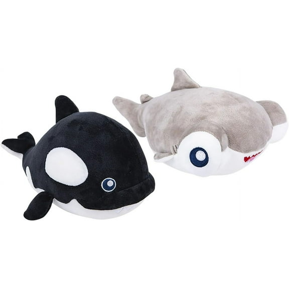Set of 2 Plush Sealife - Orca and Hammerhead Shark with Googly Eyes Stuffed Animal Toy - Soft Squishy Sea Aquatic Animal Stuffie