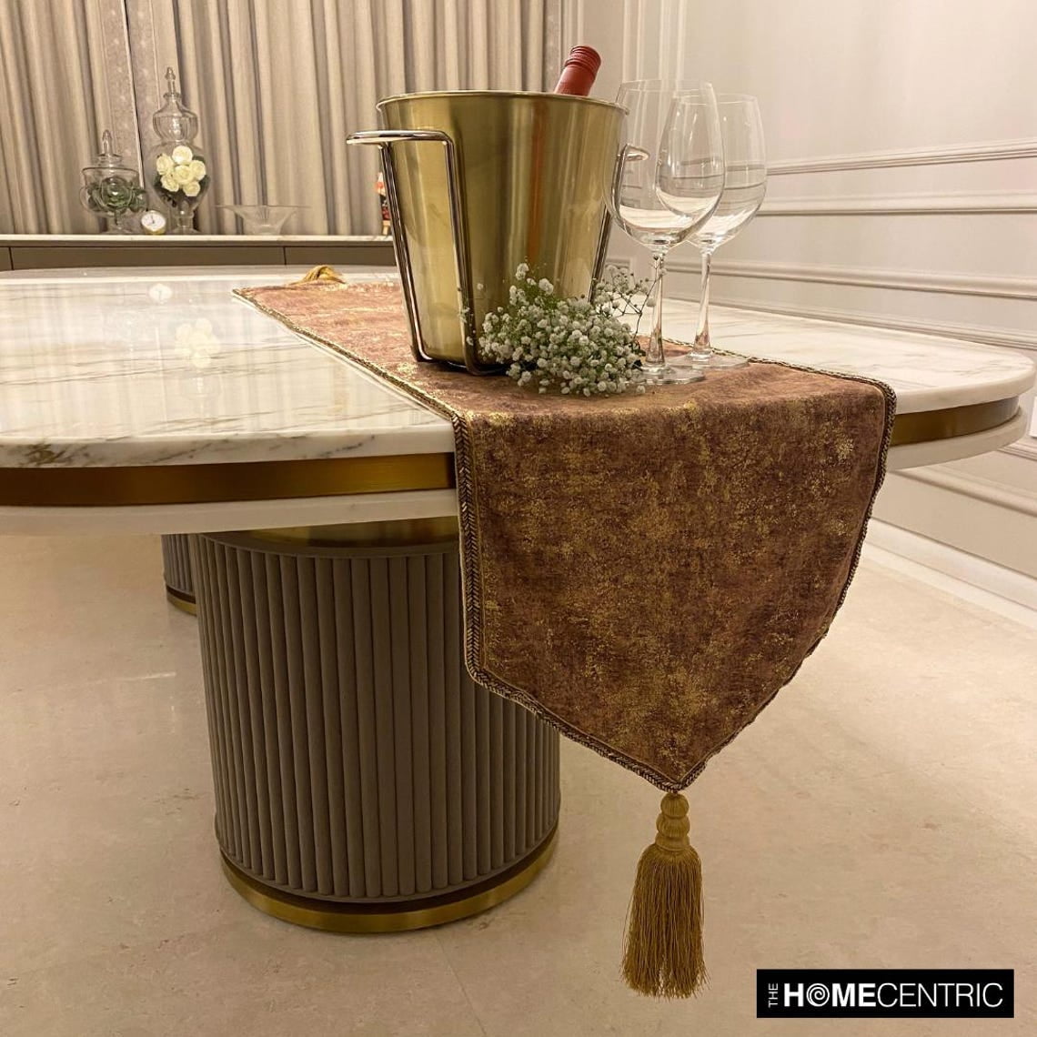 The HomeCentric Decorative Gold Table Runner 6 Seater Table Runner (14 x 72 inch) Foil, Tassels, Suede fabric Table Linen, Abstract Pattern Modern Style - Shimmer Fest Gold