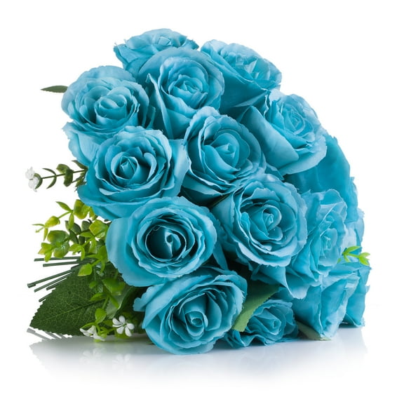 Enova Home 18 Heads Artificial Open Rose Flower Bouquet for Home Wedding Centerpiece (Aqua)