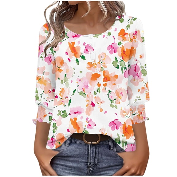 Yuanlook Half Sleeve Shirts for Women Casual Crew Neck Fall Tops Dressy Summer Work Blouses Clothes - Pink - XL