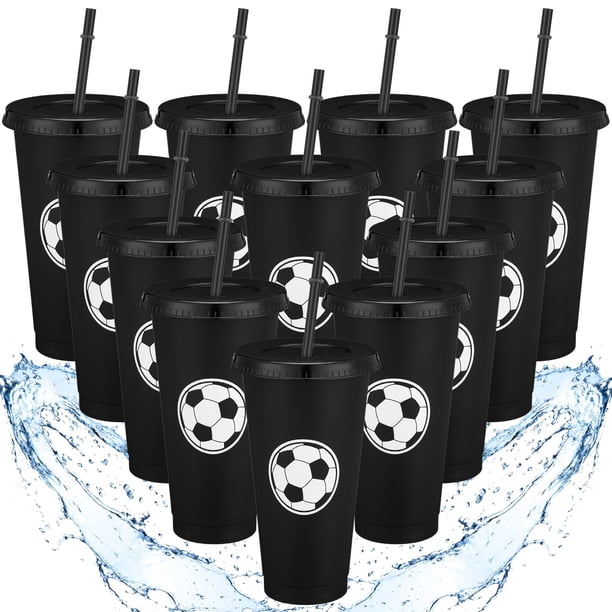 12 Vasos Plásticos de Fútbol de 710 ml con Tapa y Pajilla - Pack de 12