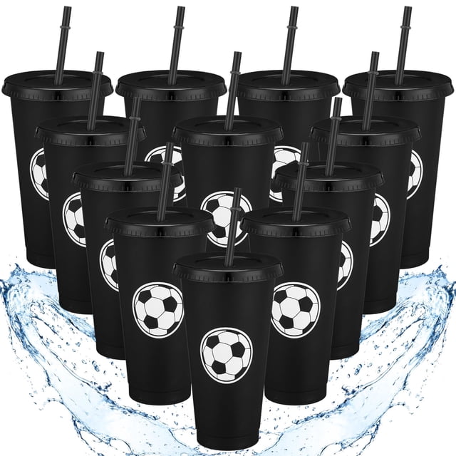 12 Vasos Plásticos de Fútbol de 710 ml con Tapa y Pajilla - Pack de 12