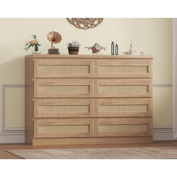 EcoSummer Modern 8-Drawer Dresser with Rattan, Natural Wood Chest of Drawers, Wide Storage Cabinet for Bedroom, Living Room, Entryway