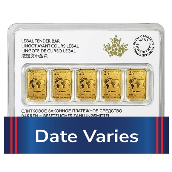 Canada 1/10-oz Gold 5-Bar Set In Assay .9999 Fine Random Year