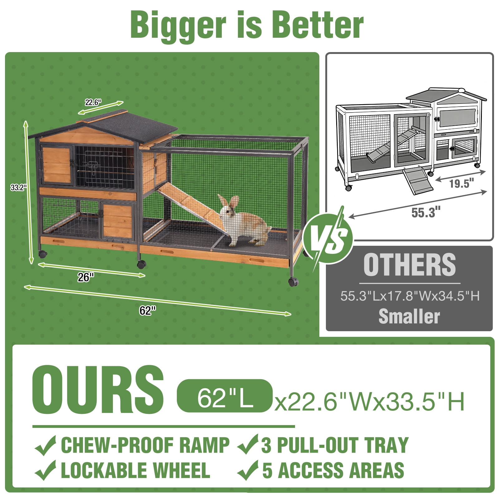 Aivituvin 2-Story Rabbit Cage with Chew-Proof Metal Frame for Indoor/Outdoor 62" Bunny Hutch Guinea Pig Wooden Cages with Wheels & 2 Removable Trays