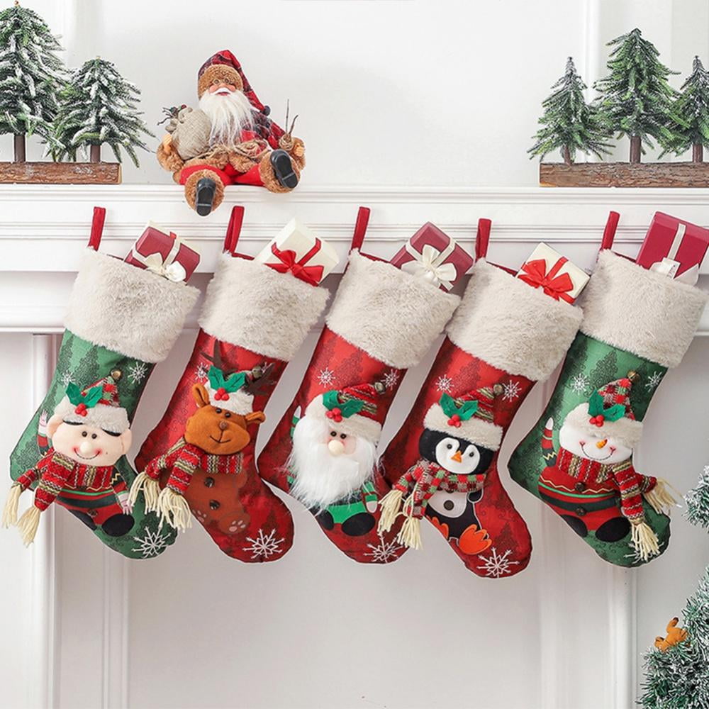 DZY Large Christmas Stockings 4pack 18 Inches Cute Xmas Stockings Great Quality Burlap Plaid Embroidery Style for Family Holiday Christmas Party Classic Decor 