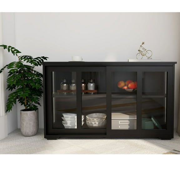 Kitchen Storage Cabinet,Sideboard Buffet Cupboard with Glass Door,Pantry Organizer, Freestanding Kitchen Cabinet,Black