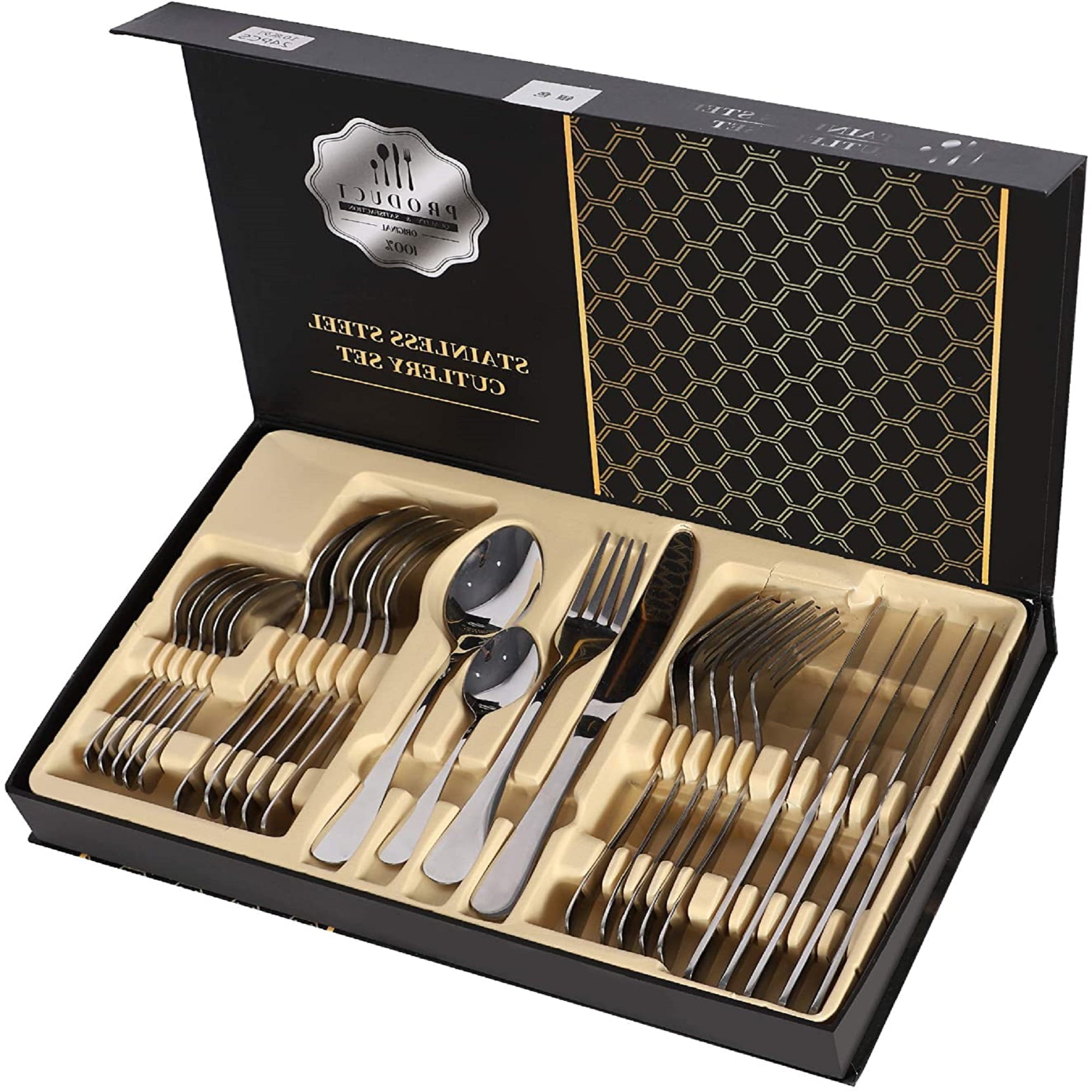 Cutlery Set Home Use 24-Piece Stainless Steel Flatware Silverware Set Knife/Fork/Spoon Mirror Polished Dinnerware Kitchen Tableware 