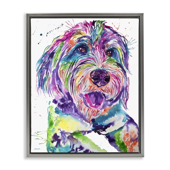 Stupell Industries Eclectic Smiling Terrier Modern Vivid Dog Gray Floating Frame Canvas Art, 17 x 21, by Jen Seeley