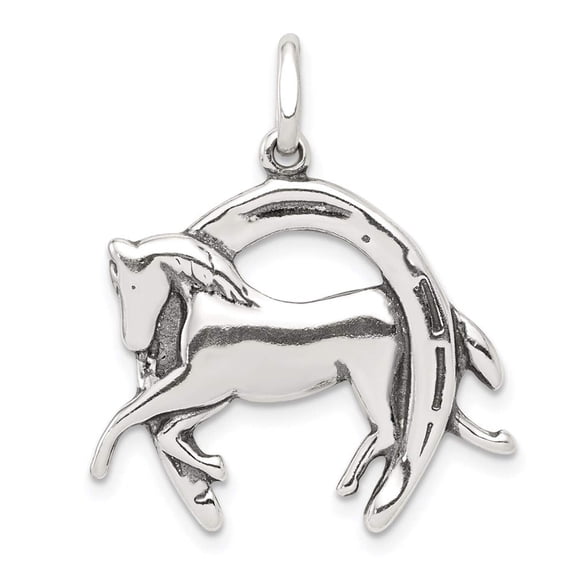 The Black Bow Sterling Silver Antiqued 3D Horse and Horseshoe Pendant